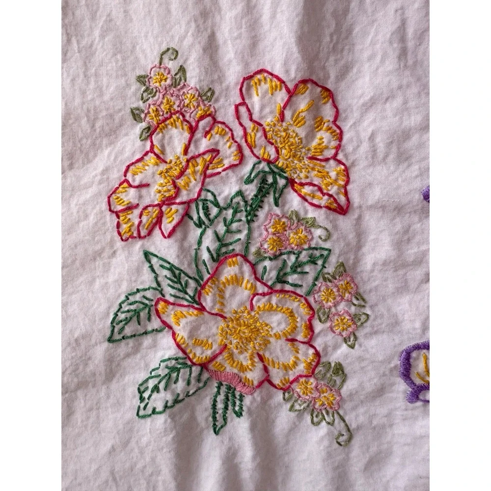 Vintage Hand Embroidered Floral White Cotton Pillowcase Cottagecore Farmhouse
